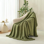 Throw Blanket for Couch, Olive Green Luxury Knitted Throws 50"x60", Textured Blankets with Handmade Fringe Tassels for Bed Sofa Decorative, Chunky Soft Farmhouse Boho Home Decor