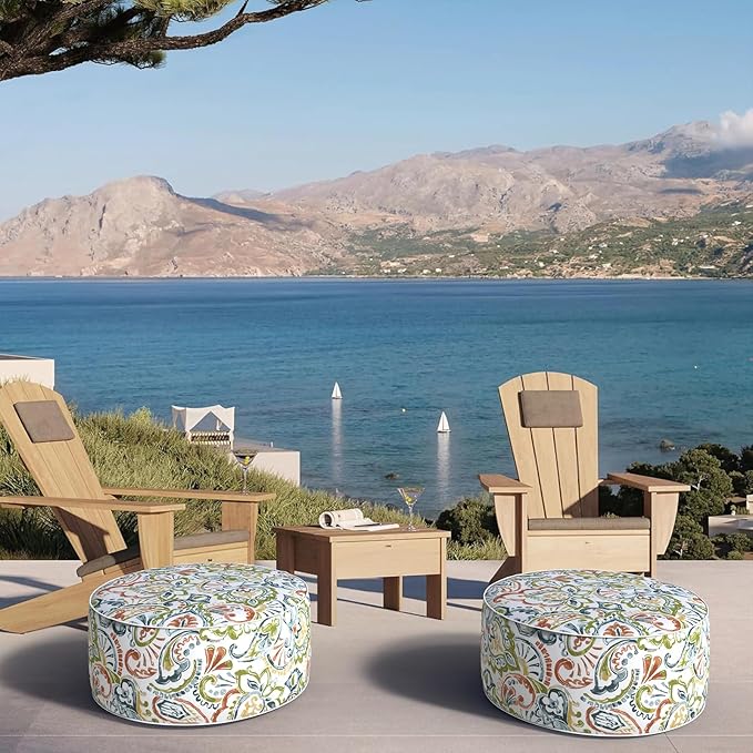 Inflatable Ottoman Stool D21 xH9 for Outdoor/Indoor Use, Water Repellent Patio Foot Rest with Portable Handle,Round Pouf Ottoman Suitable for Garden,Deck and Camping-Paisley Botanical