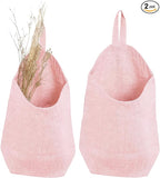 100% Linen Hanging Storage Bags Baskets 2 Pcs, Small Wall Storage Bag for Kitchen, Bedroom, RV Camper Organizer, Sewing Room, Nursery Storage, Kids Room (Pink)