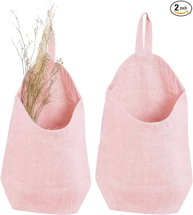 100% Linen Hanging Storage Bags Baskets 2 Pcs, Small Wall Storage Bag for Kitchen, Bedroom, RV Camper Organizer, Sewing Room, Nursery Storage, Kids Room (Pink)