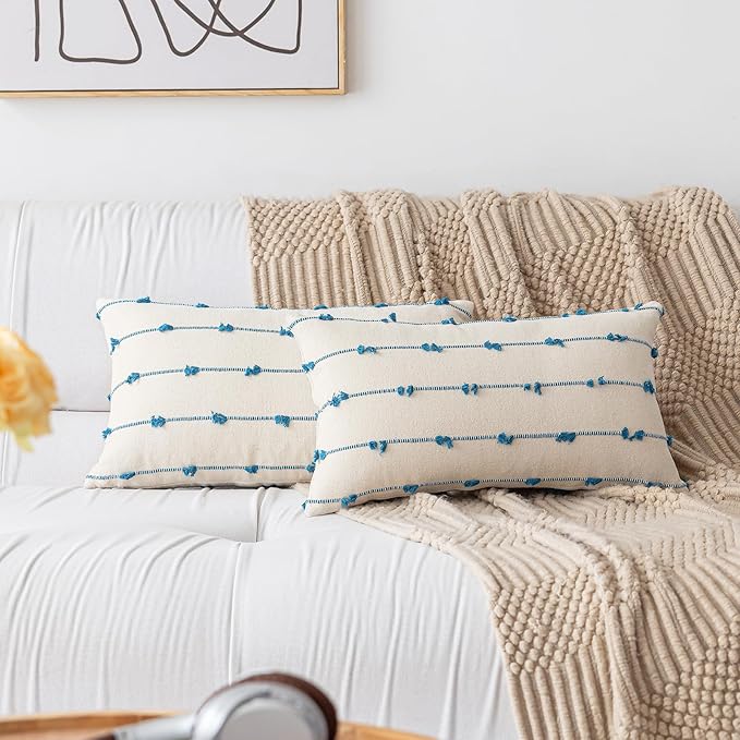 Boho Throw Pillow Covers 12x20 Set of 2 Modern Farmhouse Decorative Cushion Case Tufted Linen Square Pillows Cover Neutral Pillow Cases Accent Pillowcase for Sofa,Couch,Bed,Beige and Blue