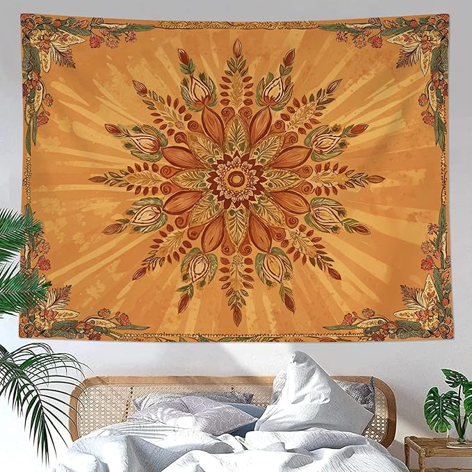 Accnicc Boho Floral Mandala Tapestry for Bedroom Bohemian Flower Wall Tapestry Aesthetic Small Vintage Orange Hippie Indian Tapestries Wall Hanging for Living Room Dorm Decor 60 x 44 Inch