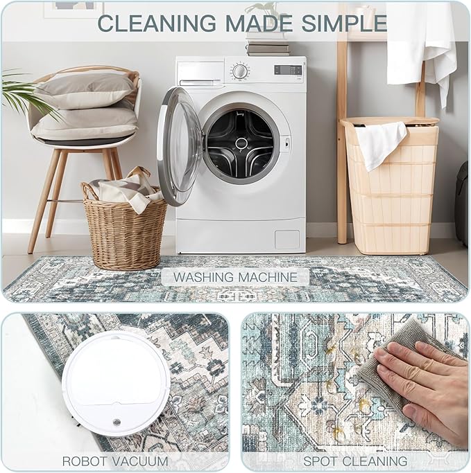 8x10 Vintage Washable Area Rug for Living Room,Low Pile Non Slip Carpet Non-Shedding Large Area Rug Soft Indoor Stain Resistant Rug Boho Print Mat for Bedroom Dining Room Blue Beige Multi