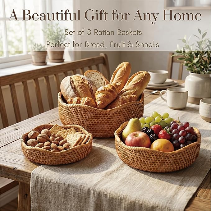 YANGQIHOME Rattan Bread Basket, Round Fruit Baskets, Wicker Storage Bowls, Natural Woven Serving Basket Bowls, Decorative Baskets for Kitchen Counter Organizing, Set of 3