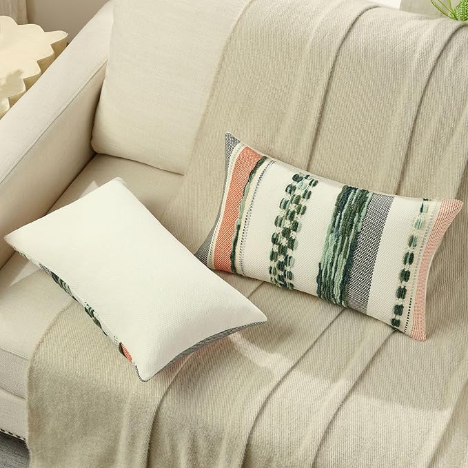 FUTEI Green Decorative Throw Pillow Covers 12x20 Inch Set of 2, Soft Tufted Striped Textured Accent Pillow Case,Boho Pillows for Couch Decor