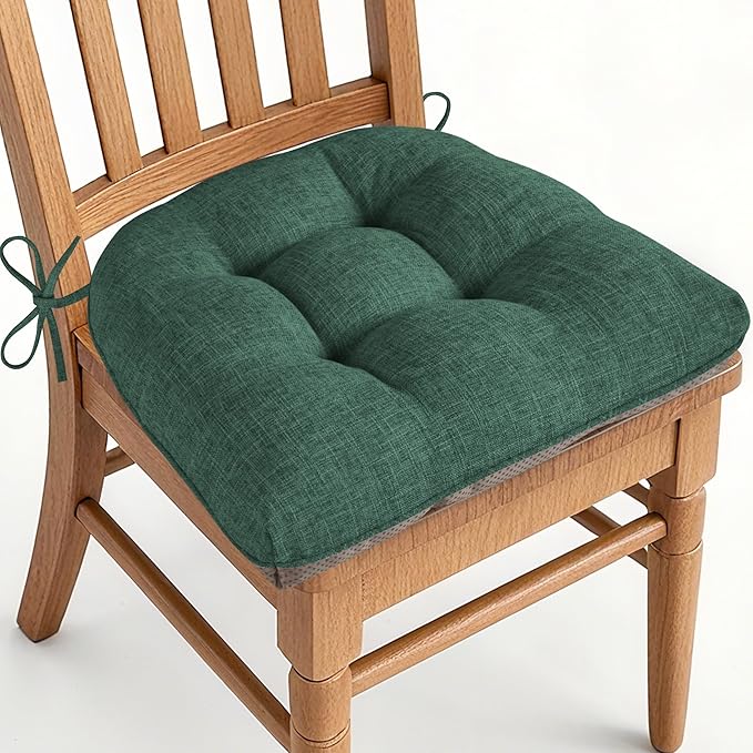 AddGrace Chair Cushions for Dining Chairs Set of 1 Kitchen Seat Cushions with Ties and Non Slip Backing Tufted Indoor Seat Pad for Kitchen Dining Room 18" x 17" x 3" Dark Green
