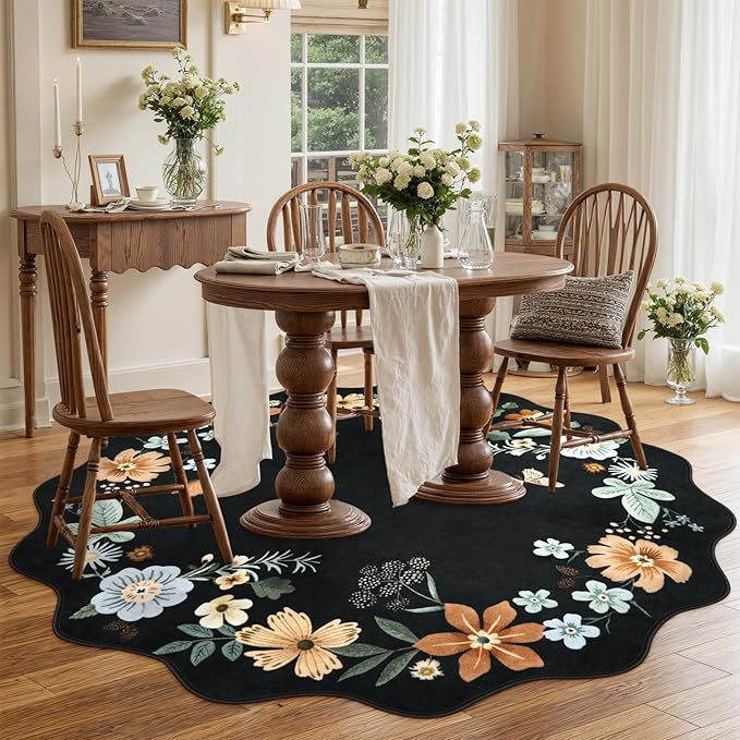 Lahome Floral Washable Round Area Rug, Round Rug 5ft Soft Non-Slip, Non-Shedding Boho Circle Carpet for Bedroom Living Room Bathroom Nursery Kitchen Flore, Black/Grey