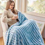 NEWCOSPLAY Super Soft Twin Blanket Blue Premium Silky Flannel Fleece 3D Ribbed Jacquard Lightweight Bed Blanket All Season Use (Blue Ribbed, Twin(60"x80"))
