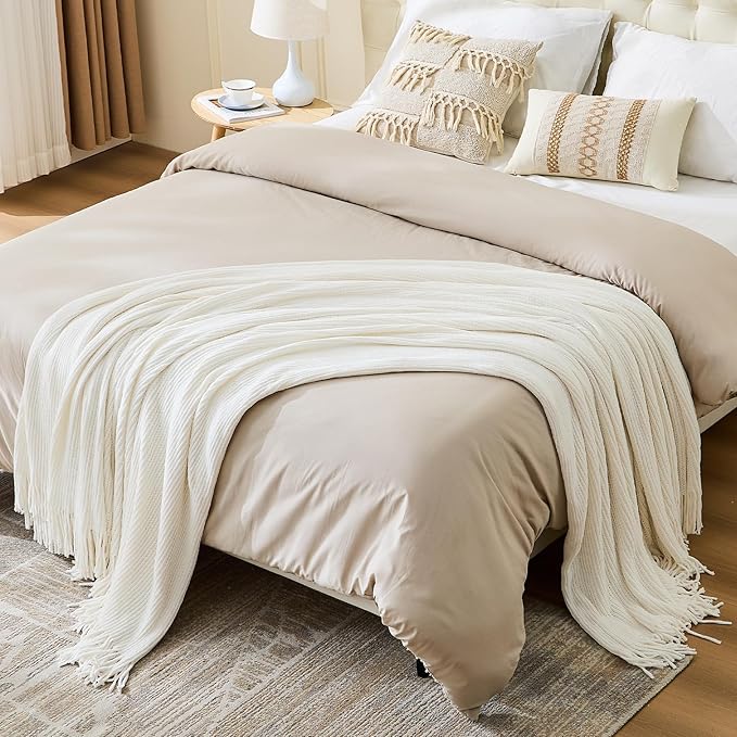 inhand Throw Blanket for Couch Bed,Chunky Chenille Woven Soft Blankets with Tassels,Cozy Boho Farmhouse Fall Winter Decor,Warm for Women,50"x60",Extra Thick-Off White