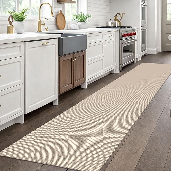 EARTHALL Woven Runner Rug 2.6x10 Ft Washable Runners for Hallways Long Non Slip Rubber Backed Kitchen Runner Braided Indoor Floor Carpet Runners for Entryway, Hallway, Kitchen, Beige/Khaki