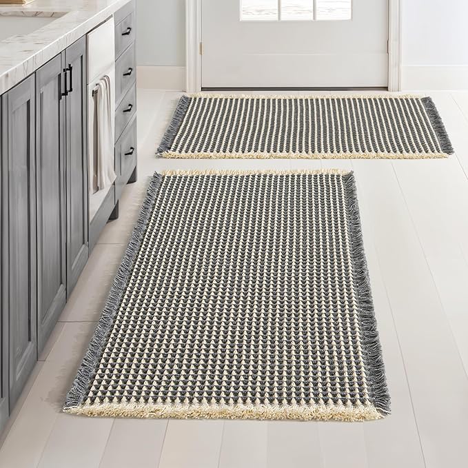 MIULEE Set of 2 Waffle Bathroom Rugs, Boho Bath Rugs Non Slip Washable, Super Absorbent Bath Mats, Ultra Soft Rubber Backed Shower Mats for Bathroom Floor, Tub, Shower, Dark Grey & Yellow, 24x36 Inch
