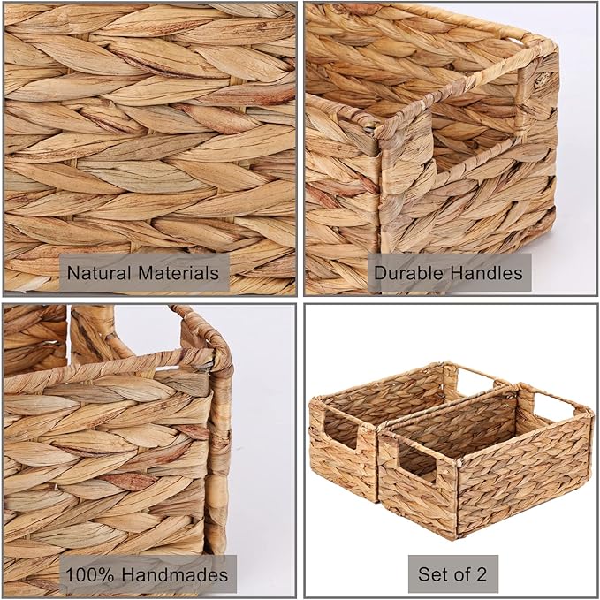 Vagusicc Wicker Storage Basket, Set of 2 Hand-Woven Storage Baskets for Organizing, Small Wicker Basket for Toilet Paper, Foldable Cube Organizer Bins for Shelves and Bathroom (Water Hyacinth)