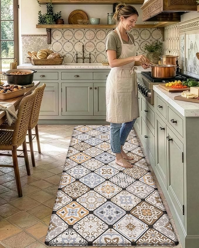 DEXI Anti Fatigue Kitchen Mats for Floor, 23x59, Cushioned Standing Padded Mat Waterproof, Comfort Runner Rug for Laundry Room Office, Brown Checkered