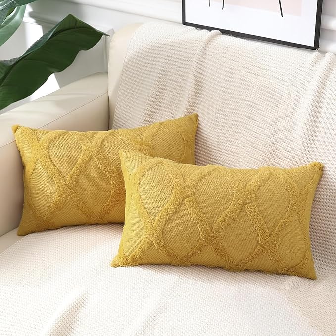 decorUhome Spring Throw Pillow Covers 12x20 Inch Set of 2, Soft Plush Faux Fur Wool Lumbar Mustard Yellow Accent Couch Pillow Covers for Modern Farmhouse Bed Sofa Living Room