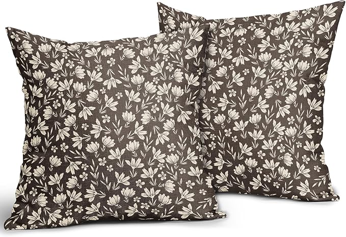 Dark Light Brown Pillow Covers 18x18 Set of 2 Vintage Floral Rustic Old Style Cute Flower Print Decorative Outdoor Pillowcases Seasonal Farmhouse Throw Cushion Case Decor for Couch Sofa Bed