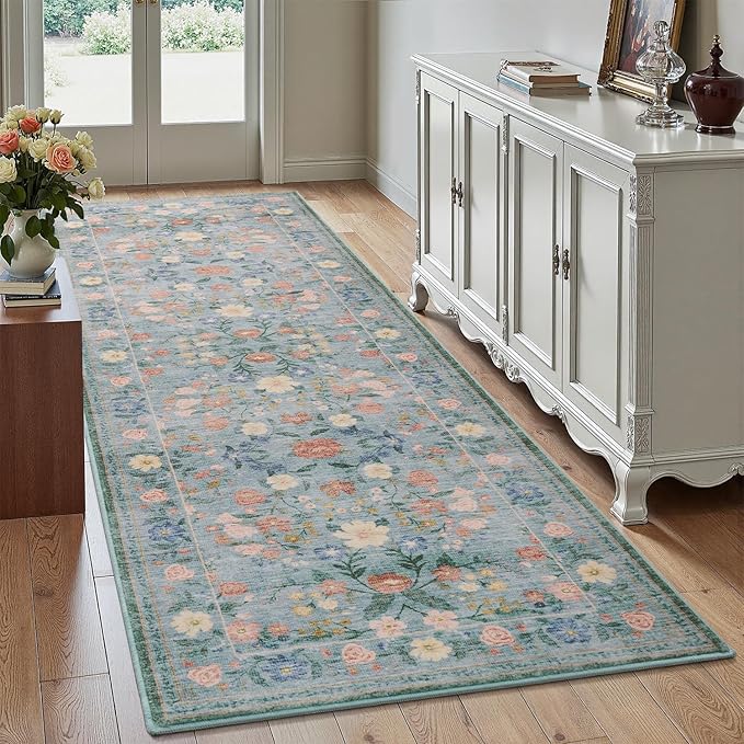 AMOAMI Vintage Floral Runners for Hallways Indoor, 2'6''x8' Kitchen Runner Rug Non Slip Machine Washable Entryway Rug Runner Ultra Soft Boho Carpet Runner for Hallway Kitchen Bedside Entryway, Green