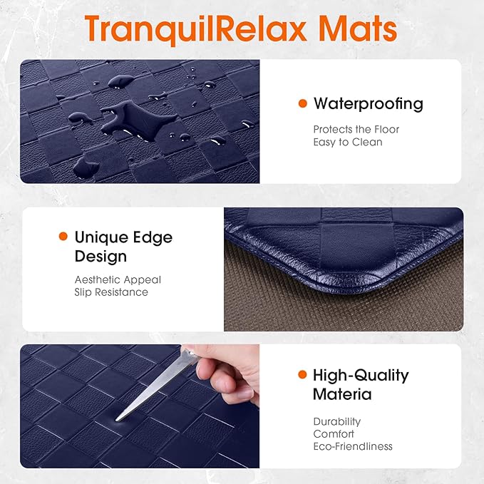 Kitchen Mats, 2PCS Kitchen Rugs, Cushioned Anti Fatigue Kitchen Mats for Floor, Non-Slip Standing Desk Mat, Waterproof Kitchen Rug Set for Kitchen, Floor, Office,17.3"×30"+17.3"×59",Blue
