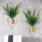 2 Pieces Gold Wall Decor Hanging Planters with Artificial Plants Metal Vase Indoor Plants Holder Modern Geometric Wall Art for Home Bathroom Bedroom Living Room Office(Boston Fern,Large)
