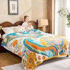 Boho Throw Blanket, Lightweight Blankets for Summer, 100% Cotton Bohemian Decorative Throw Blanket, 60"x80" Reversible Muslin Breathable Woven Farmhouse Blankets Quilt,