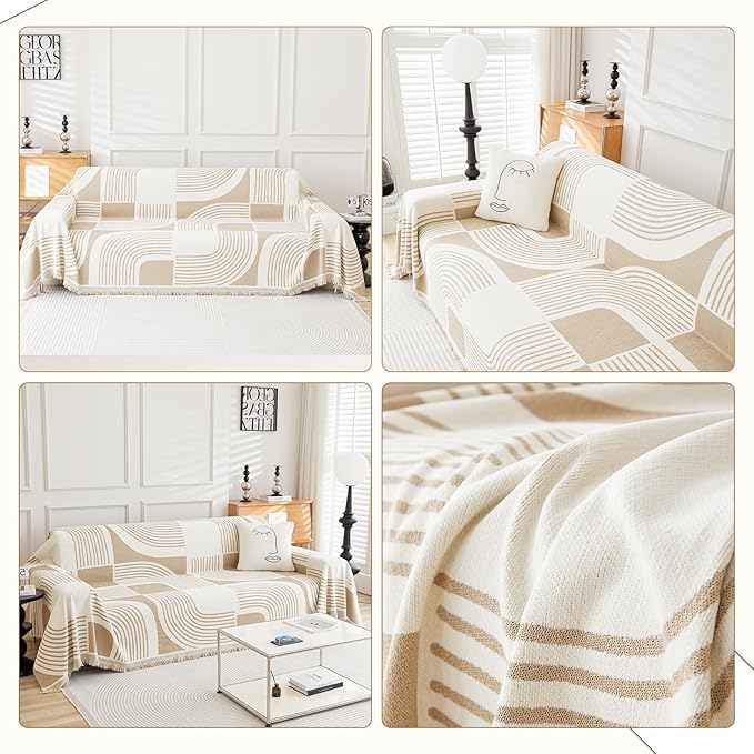 Boho Couch Cover Sofa Covers Washable, Chenille Couch Covers for 3 Cushion Couch Sofa Pet Friendly, Bohemian Sofa Slipcovers for Sectional Sofa, Loveseat, 2 3 4 Seater (91" x 134", Khaki)