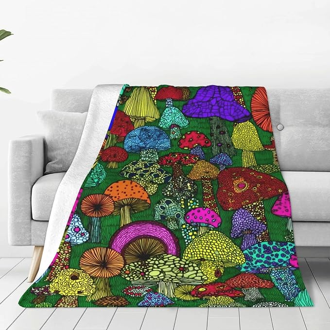 Colorful Mushroom Throw Blanket Soft Flannel Blanket 60"x50" in Bed Blanket Home Decor for Room Sofa Couch All Season