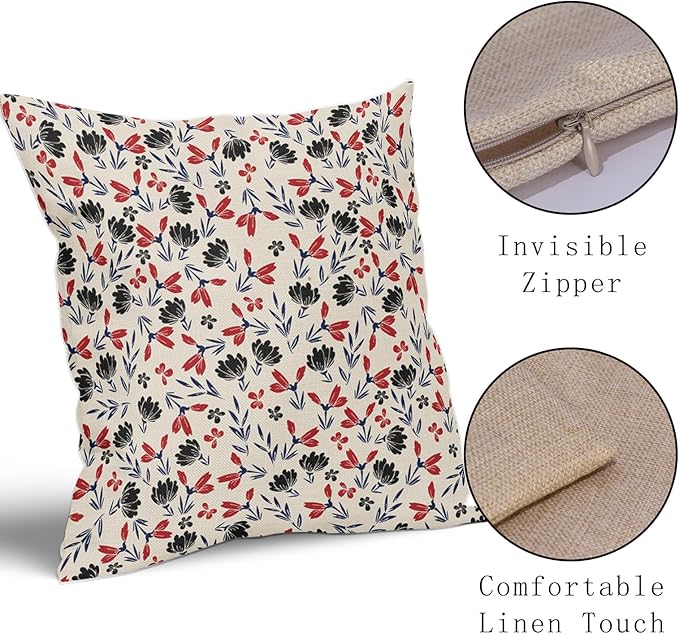 4th of July Floral Pillow Covers 24x24 Set of 2 Vintage Rustic Old Style Navy Blue Red Black Flower Print Decorative Outdoor Pillowcases Patriotic Throw Cushion Case Decor for Couch Sofa Bed