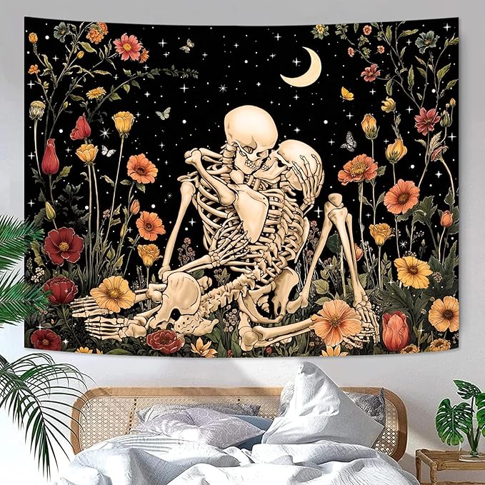 Accnicc Floral Skeleton Lovers Tapestry for Bedroom Gothic Skull Wall Tapestry Aesthetic Vintage Flower Plant Small Tapestries Wall Hanging for Living Room Dorm 60 x 44 Inch