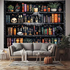 Algasan Magic Bookshelf Tapestry Magical Book Tapestry Gothic Witchy Vintage Library Skull Potion Black Cat Candle Botanical Backdrop for Bedroom Living Room Dorm 59.1 x 51.2 Inches