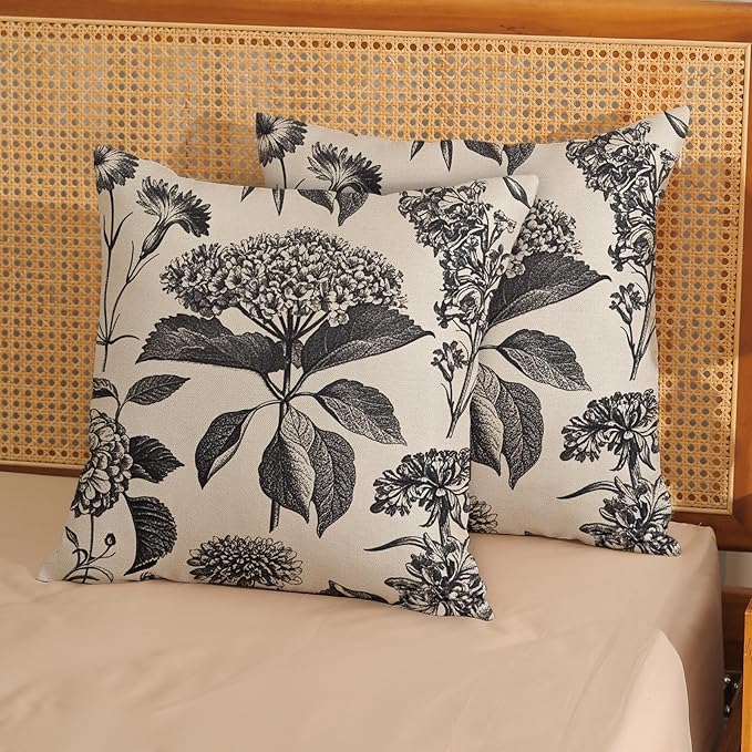 Black Pillow Covers 16x16 Set of 2 Vintage Boho Floral Hydrangea Herbs Botanical Throw Pillow Cover Outdoor Flower Decoration Pillowcase Linen Farmhouse Cushion Case Decorative for Couch Sofa