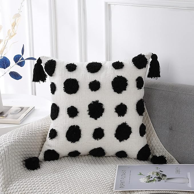 PANOD Super Soft Farmhouse Decorative Plush Throw Pillow Covers 26 x 26 Black,Solid Pom pom Tufted with Tassels Modern Accent Boho Square Cushion Cover Pillow Case for Couch Sofa