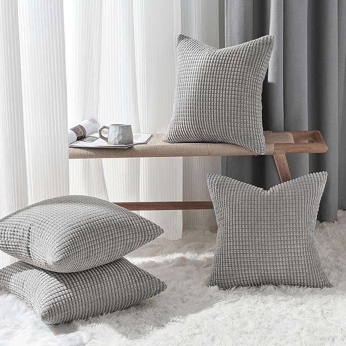 Topfinel 4 Packs Decorative 20x20 Inch Grey Throw Pillow Covers for Living Room Couch Bed, Rustic Modern Home Decor, Soft Corduroy Small Bulge Accent Square Cushion Case 50x50 cm(Light Grey)