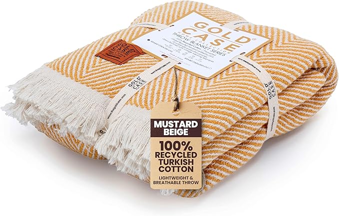 Gold Case Throw Blanket for Couch - 100% Recycled Turkish Cotton Blankets & Throws - Elegant Soft Throw Blankets for Living Room - Boho Decorative Woven Couch Blanket - 50x60 - Mustard
