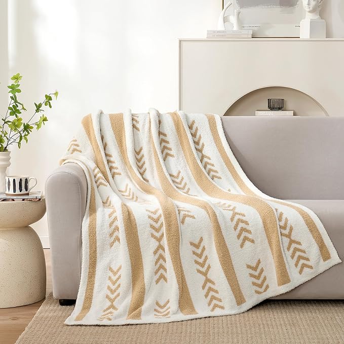Snuggle Sac Beige Boho Throw Blanket, 50x60 Soft Reversible Fuzzy Knit Throw for Couch, Sofa, Bed, Travel, Cozy Plush Microfiber Blanket for Neutral Home Decor & Gifts