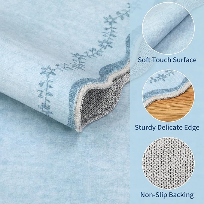 GarveeHome 4x6 Blue Scalloped Washable Area Rug for Girls Bedroom, Solid Floral Soft Nursery Rug Non Slip Low Pile Small Carpet Stain Resistant Throw Rug for Dorm Kids Room Office Dining
