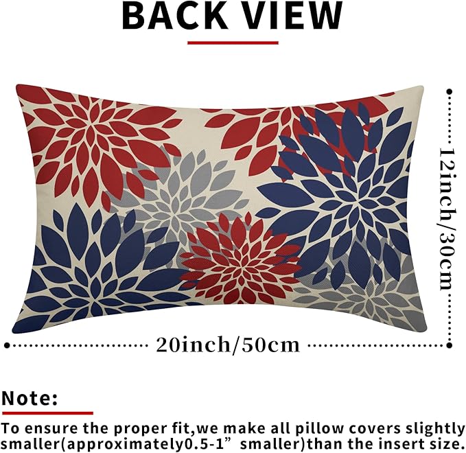 4th of July Pillow Covers 12X20 Inch Set of 2, Patriotic Blue Red Grey Dahlia Floral Print Holiday Decorative Rectangle Throw Pillow Covers Outdoor Farmhouse Cushion Case for Couch Sofa Bed Decor