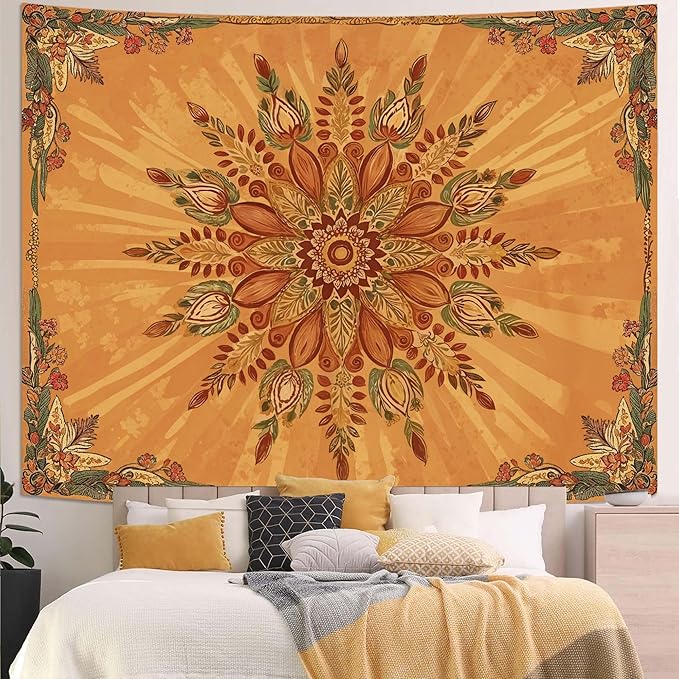 Accnicc Boho Floral Mandala Tapestry for Bedroom Bohemian Flower Wall Tapestry Aesthetic Small Vintage Orange Hippie Indian Tapestries Wall Hanging for Living Room Dorm Decor 60 x 44 Inch