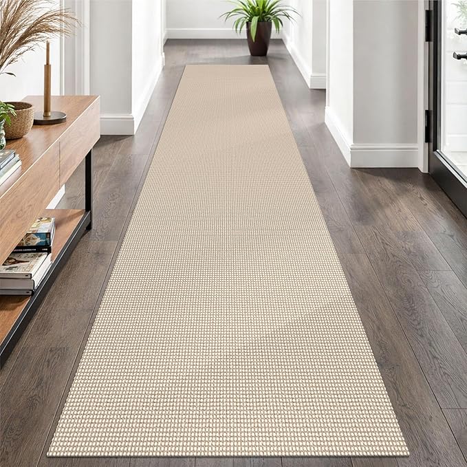 EARTHALL Woven Runner Rug 2.6x10 Ft Washable Runners for Hallways Long Non Slip Rubber Backed Kitchen Runner Braided Indoor Floor Carpet Runners for Entryway, Hallway, Kitchen, Beige/Khaki