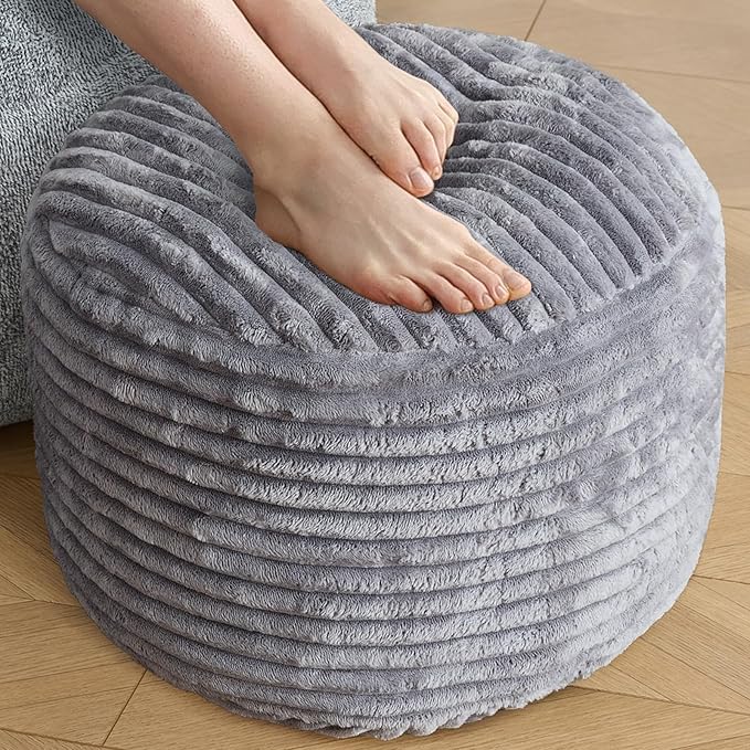 SHOUREN Stuffed Round Pouf Ottoman,Corduroy Foot Rest with Shredded Foam Filling, Lightweight and Fluffy Pouf Storage Ottoman for Living Room,Floor Poufs for Couch,18"x 14", Dark Grey