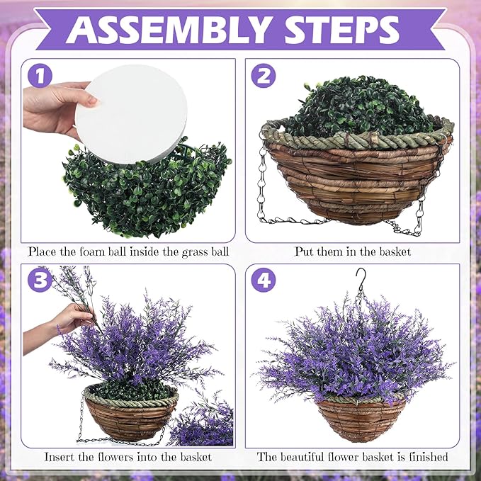 2 Sets Artificial Lavender Flowers with Hanging Basket for Outdoor Indoor Artificial Faux Hanging Flowers Plants Rattan Lining for Porch Garden Yard Spring Summer Decor (Purple)