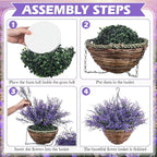 2 Sets Artificial Lavender Flowers with Hanging Basket for Outdoor Indoor Artificial Faux Hanging Flowers Plants Rattan Lining for Porch Garden Yard Spring Summer Decor (Purple)