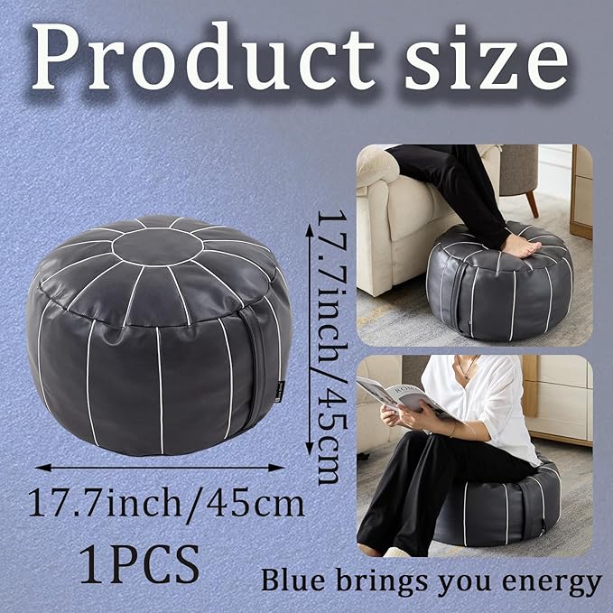 Louis Donné Unstuffed Pouf Ottoman Cover, Faux Leather Foot Stool for Foot Rest, Moroccan Style Ottomans, 21" Round Handmade Small Bean Bag Covers for Storage, Footstools for Living Room(ONLY Cover)