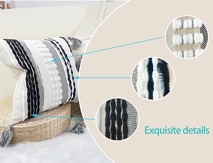 Boho Throw Pillow Covers 18x18 Aesthetic Neutral Boucle Couch Pillow Cover Rainbow Striped Decorative Accent Pillow Case for Couch Bed Sofa Farmhouse,Modern Funky,Set of 2 Black and White