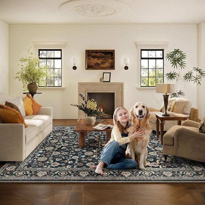 Washable Area Rugs for Living Room: 9x12 Bedroom Rug Vintage Boho Area Rug Stain Resistant Non Slip Low Pile Lightweight Soft Carpets for Living Room Dining Room Kitchen Nursery Kids Room Farmhouse