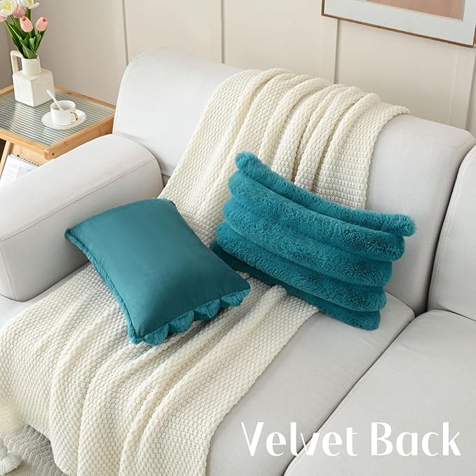 FUTEI Teal Decorative Throw Pillow Covers 12x20 Inch Set of 2, Square Soft Faux Rabbit Fur Thick Striped Lumbar Pillow Case,Spring Home Decor for Couch Bed Living Room
