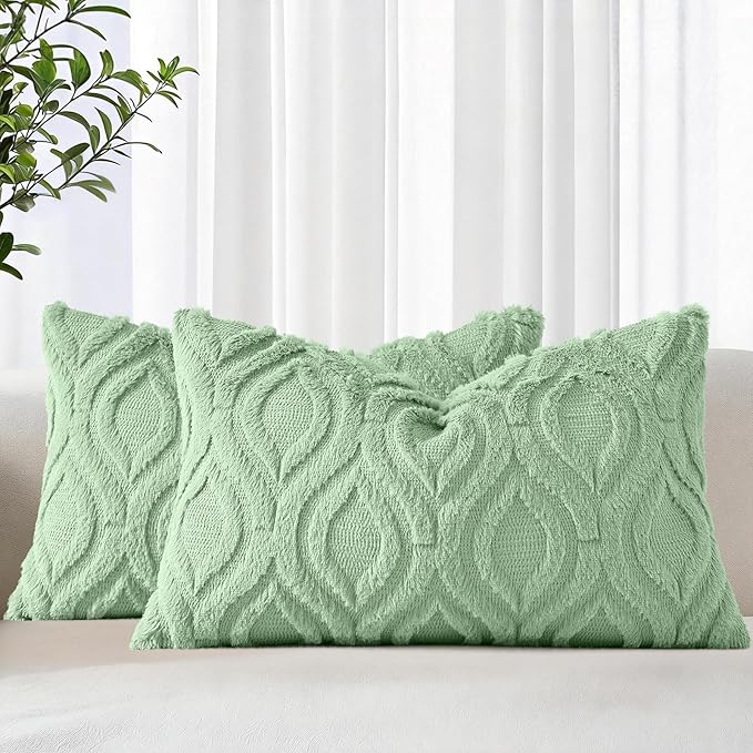 decorUhome Cozy Textured Throw Pillow Covers 12x20 Inch Set of 2, Soft Plush Faux Wool Sage Green Accent Couch Pillow Covers for Modern Farmhouse Sofa Bed Living Room