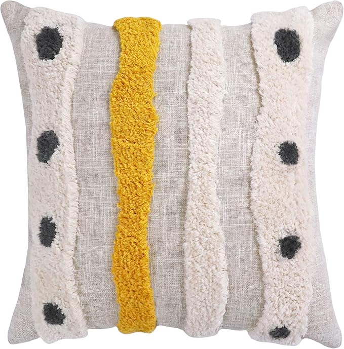 Boho Tufted Throw Pillow Cover with Handwoven Stripes, Linen Cotton Simple Decorative Cushion Case for Couch Sofa, 18x18 inches, 1 PC(Mustard Yellow)