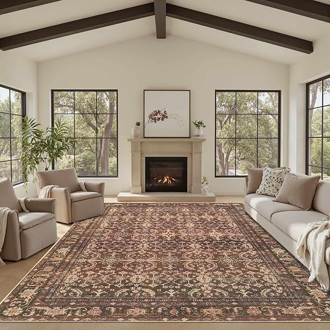 8x10 Area Rugs for Living Room Bedroom, Large Washable Christmas Rug, Vintage Oriental Boho Rug, Non Slip & Low Pile Faux Wool Thin Carpet for Indoor Dining Room and Kids Room(Red 8x10ft)