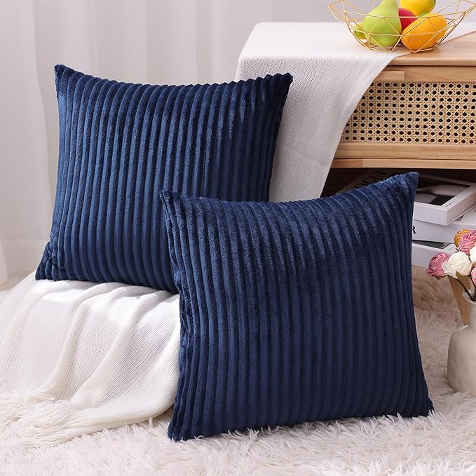 Simmore Decorative Spring Throw Pillow Covers 20x20 Set of 2, Soft Natural Plush Flannel Double-Sided Fluffy Couch Pillow Covers for Sofa Living Room, Navy Blue