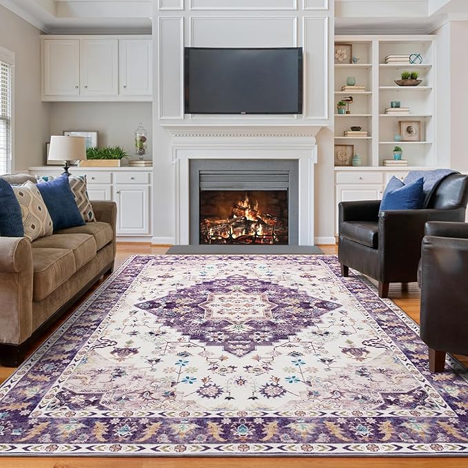Amearea Vintage Design Area Rugs for Living Room, 8x10 Machine Washable Floral Collection Traditional Bedroom Rug, Low Pile Cute Kids Room Print Carpet, No Slip Office Kitchen Home Decor, Purple