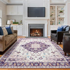Amearea Vintage Design Area Rugs for Living Room, 6x9 Machine Washable Floral Collection Traditional Bedroom Rug, Low Pile Cute Kids Room Print Carpet, No Slip Office Kitchen Home Decor, Purple